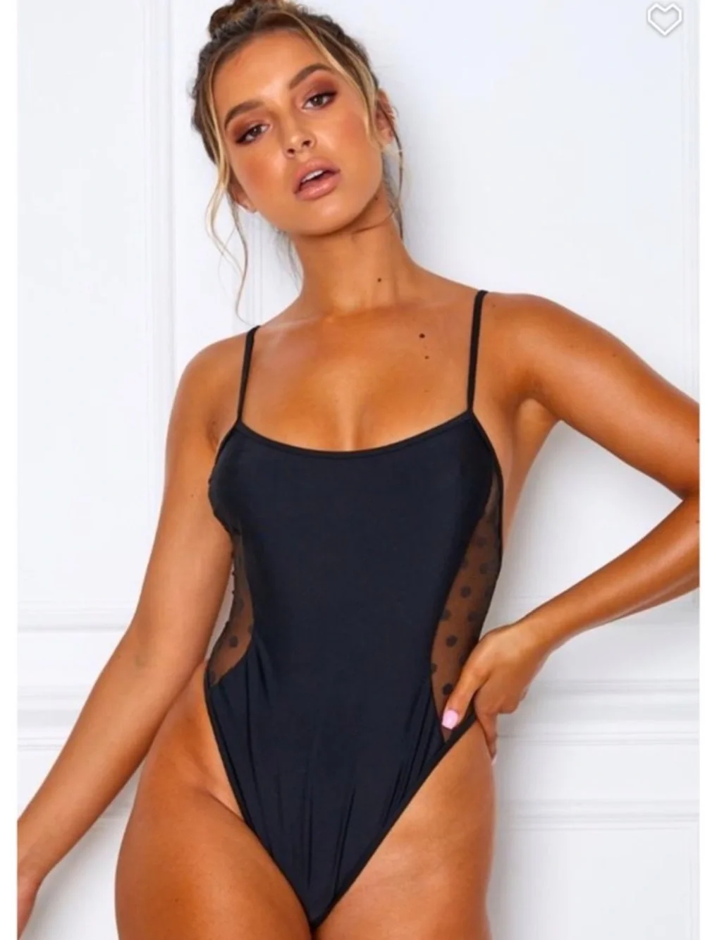 White Fox Swim Low Back Cheeky Black One Piece w Mesh Polka Dot Sides. Size S